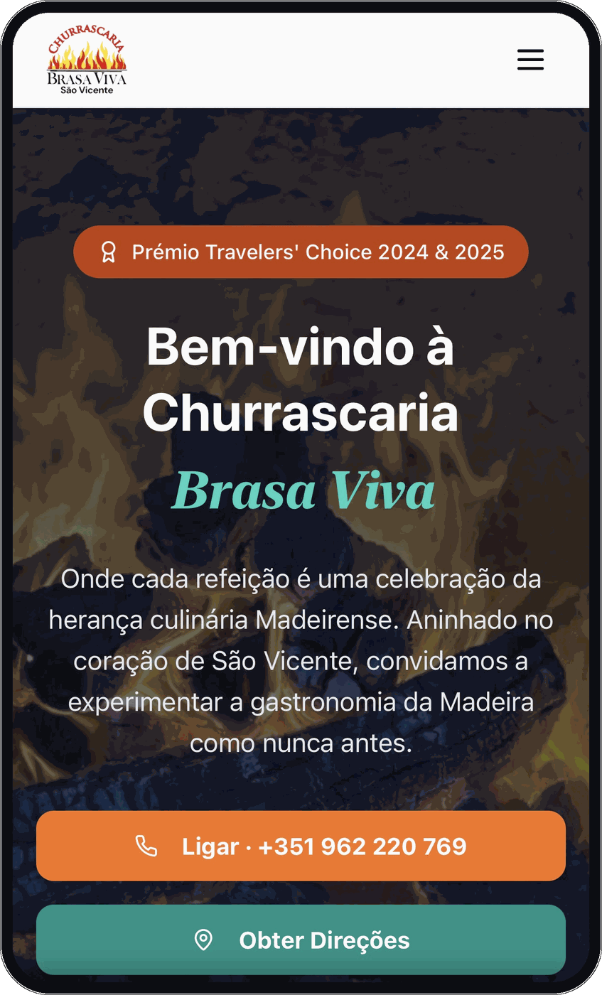 Site brasaviva.pt em telemóvel, página inicial, desenvolvido pela Madeira Studio