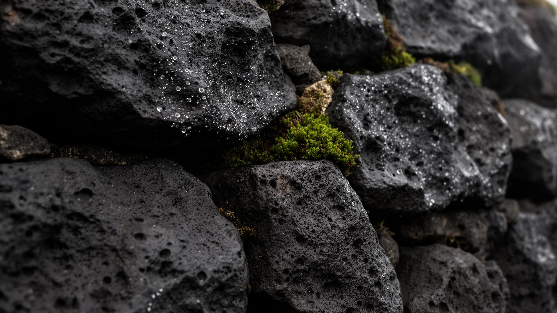 Muro de pedra de basalto molhado com musgo em São Vicente, Madeira